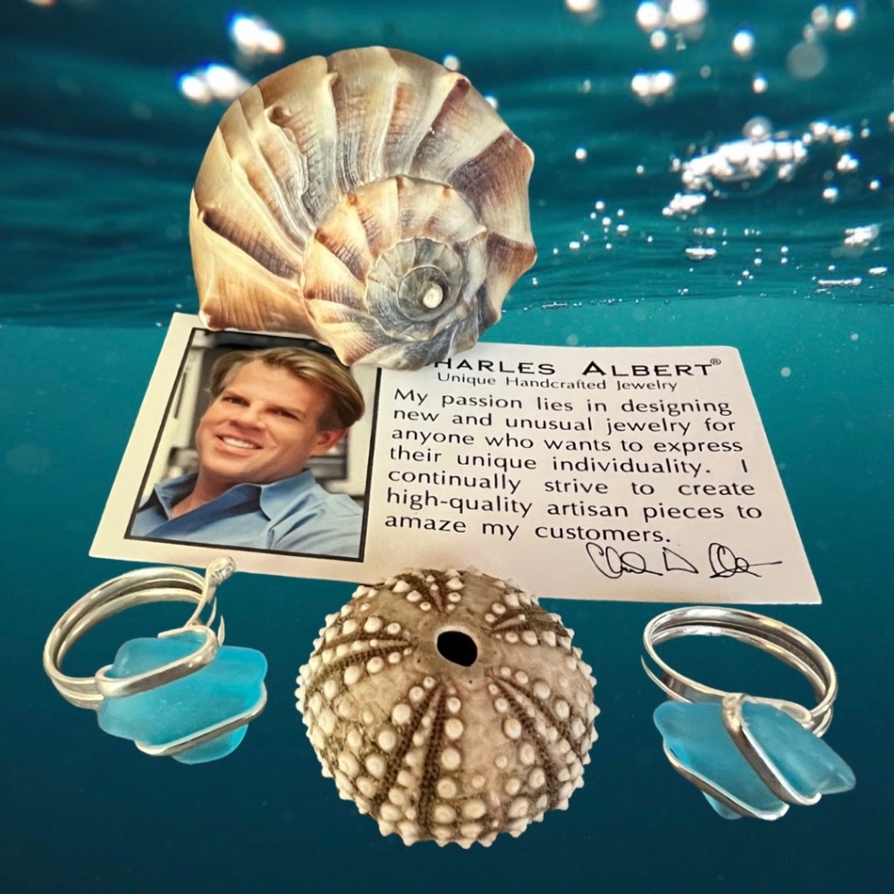 Aqua Blue Pompano Beach Glass Freeform Adjustable Ring